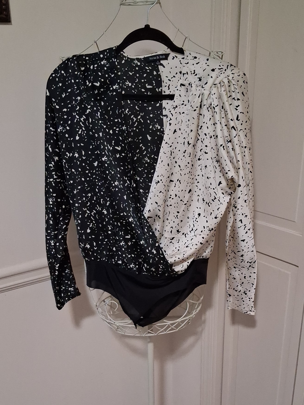 Split-Color Wrap-Front Bodysuit in Black and White